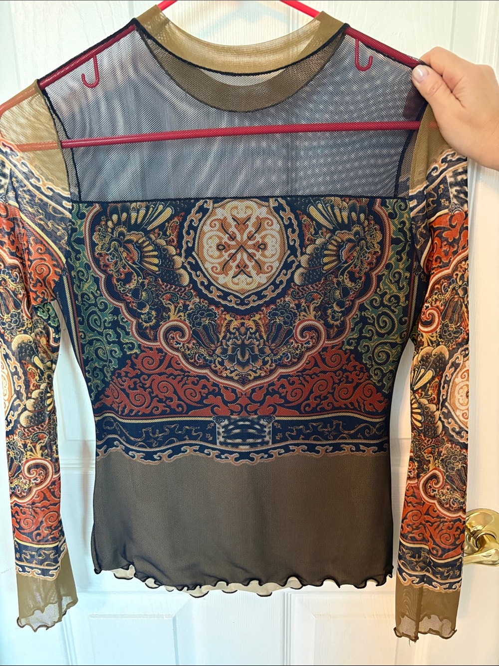 Sheer Paisley Medallion Long Sleeve Top - Olive Multi - Picture 5 of 5
